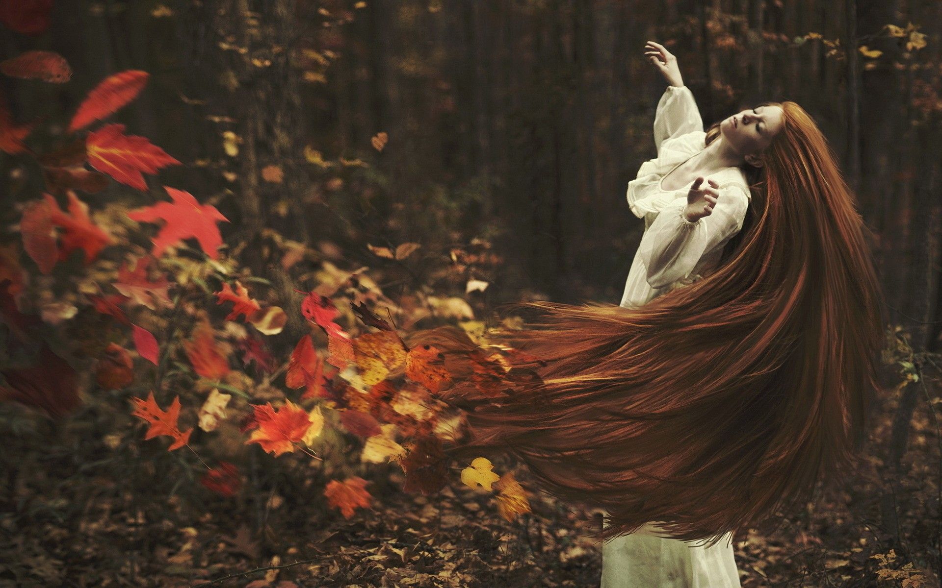 mood bokeh autumn fall trees forest gown witch dark occult leaves