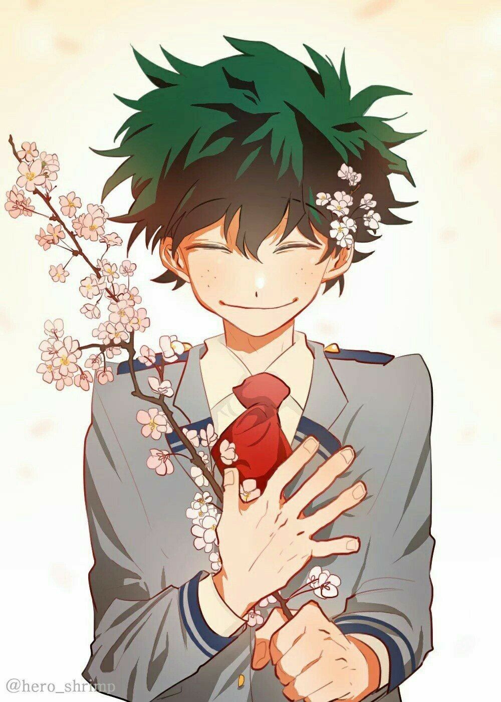 Midoriya Deku Izuku, cute, smiling, cherry blossoms, sakura; My