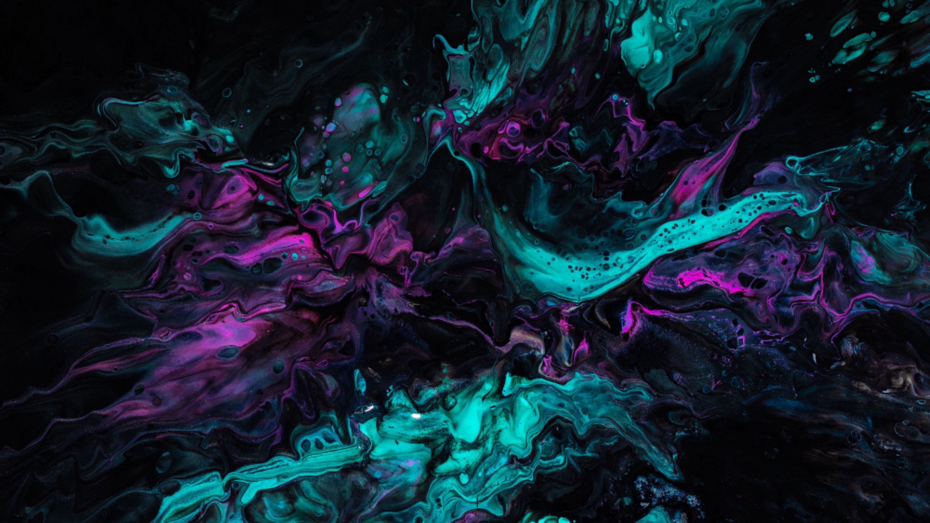 Download wallpaper 3840x2160 paint, stains, mixing, liquid, turquoise, purple, dark 4k uhd 16:9 HD background