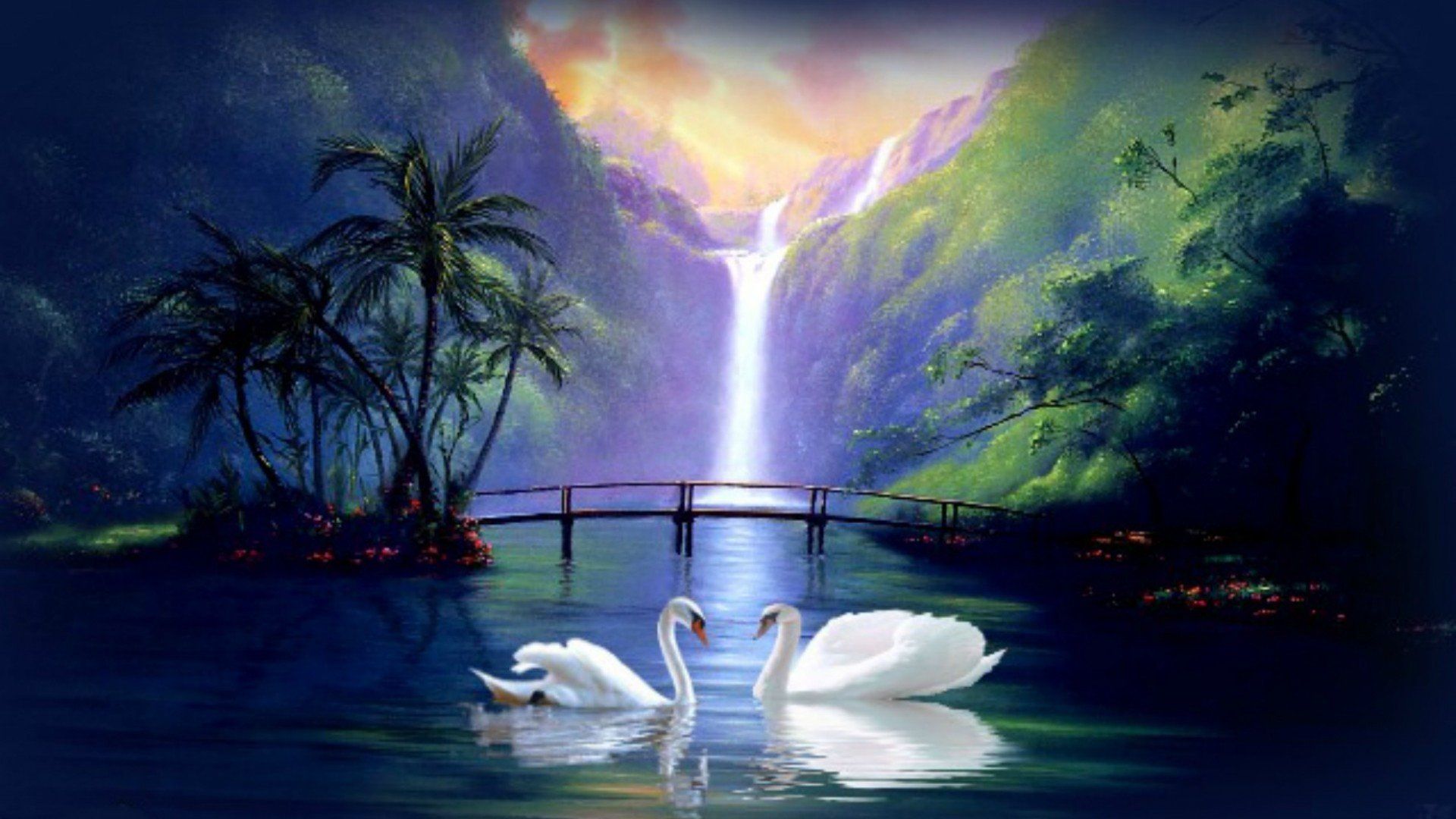 Swan love waterfall fantasy wallpaperx1080