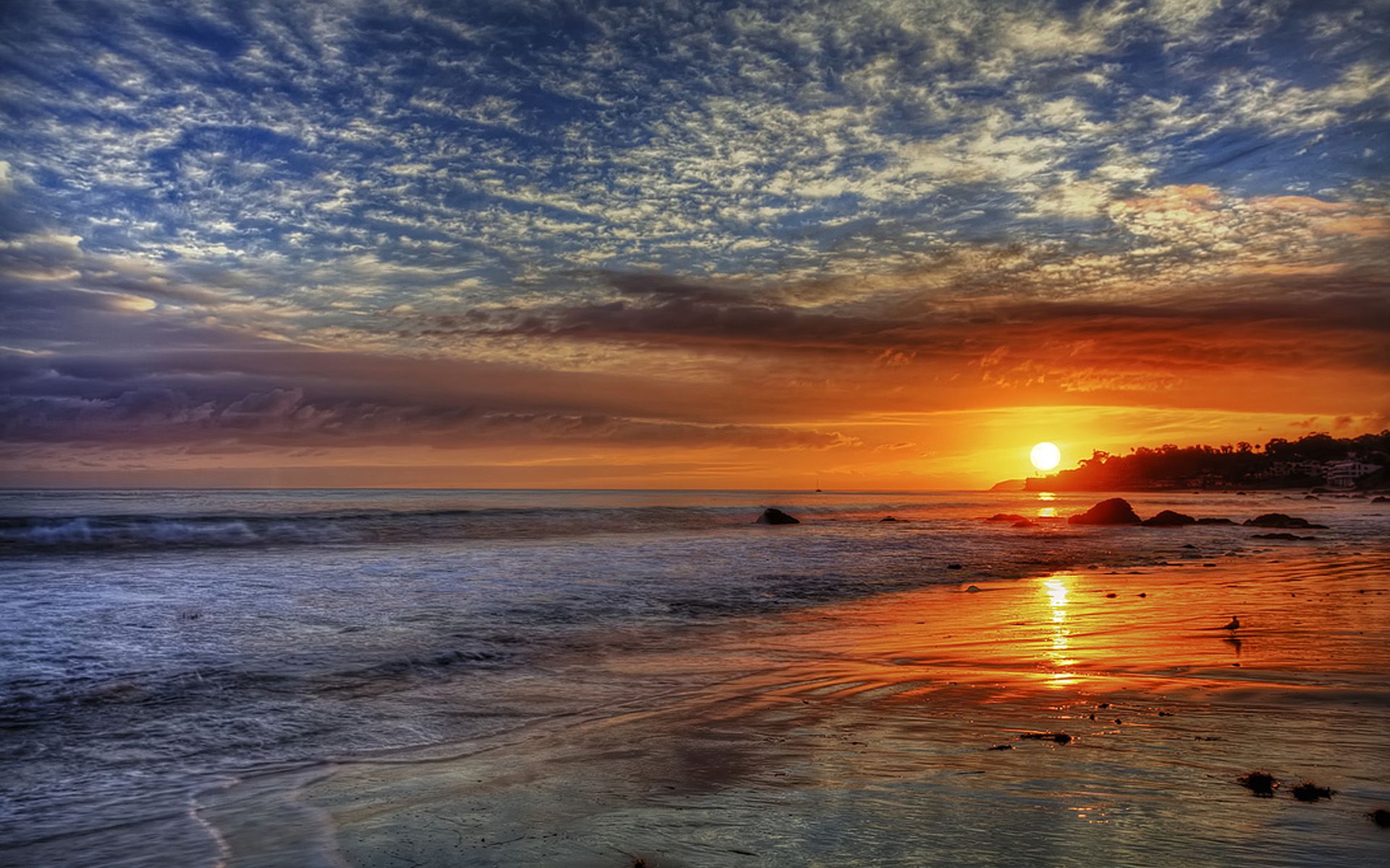 Sunset Red Sky Clouds Sea Waves Sandy Beach In Malibu California