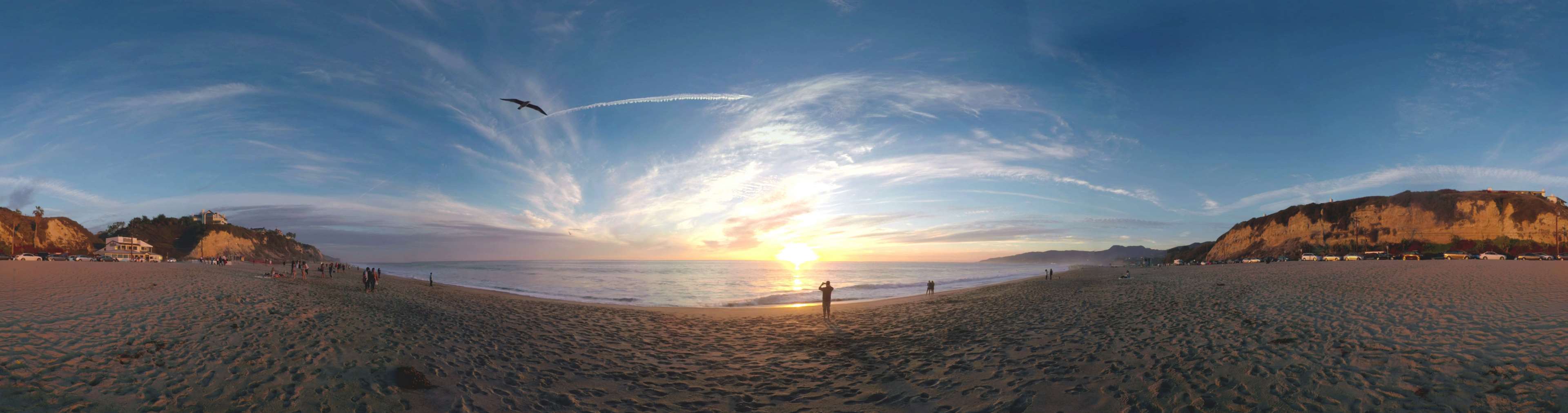 beach, california, malibu, panorama, sunset 4k wallpaper