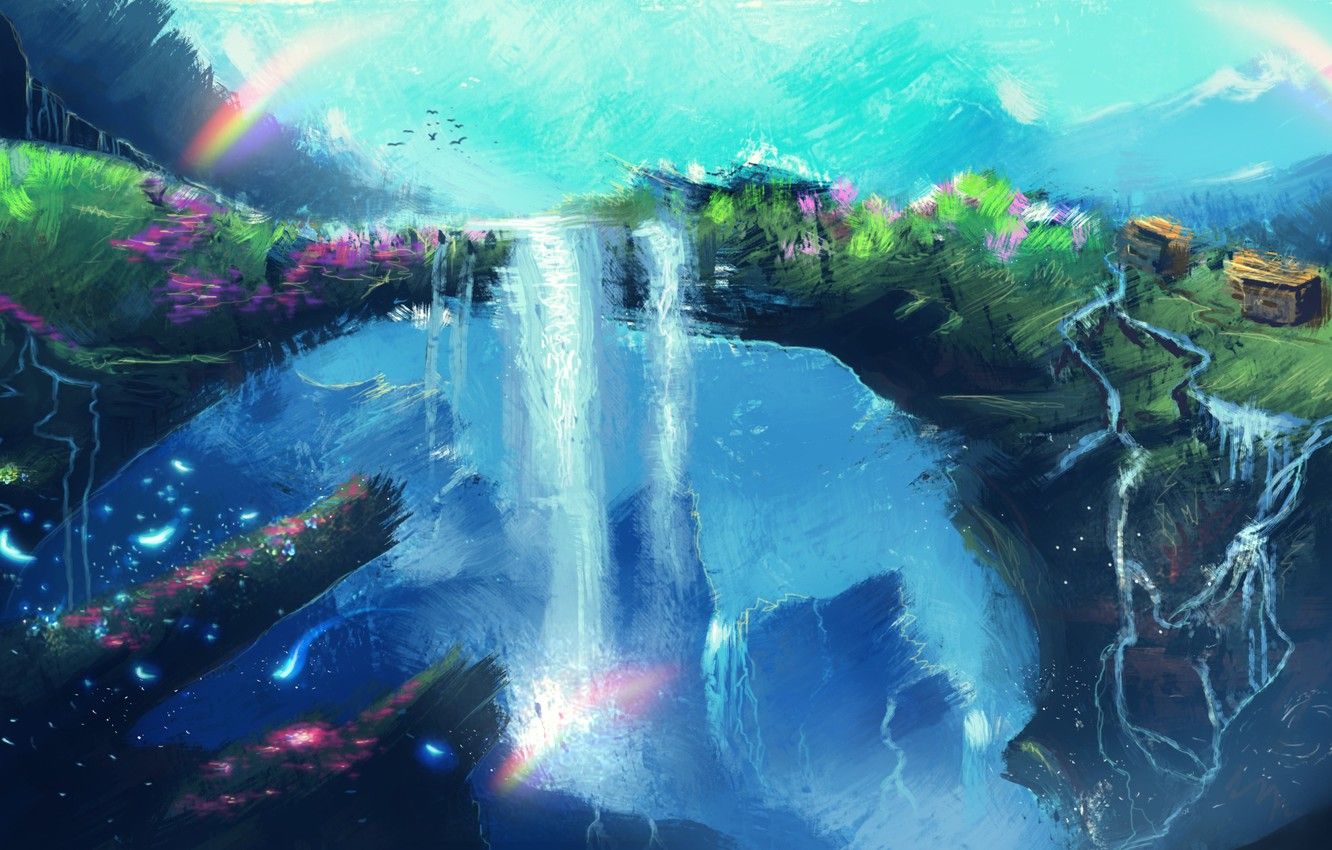 Wallpaper flowers, birds, fantasy, waterfall, rainbow, art image for desktop, section живопись