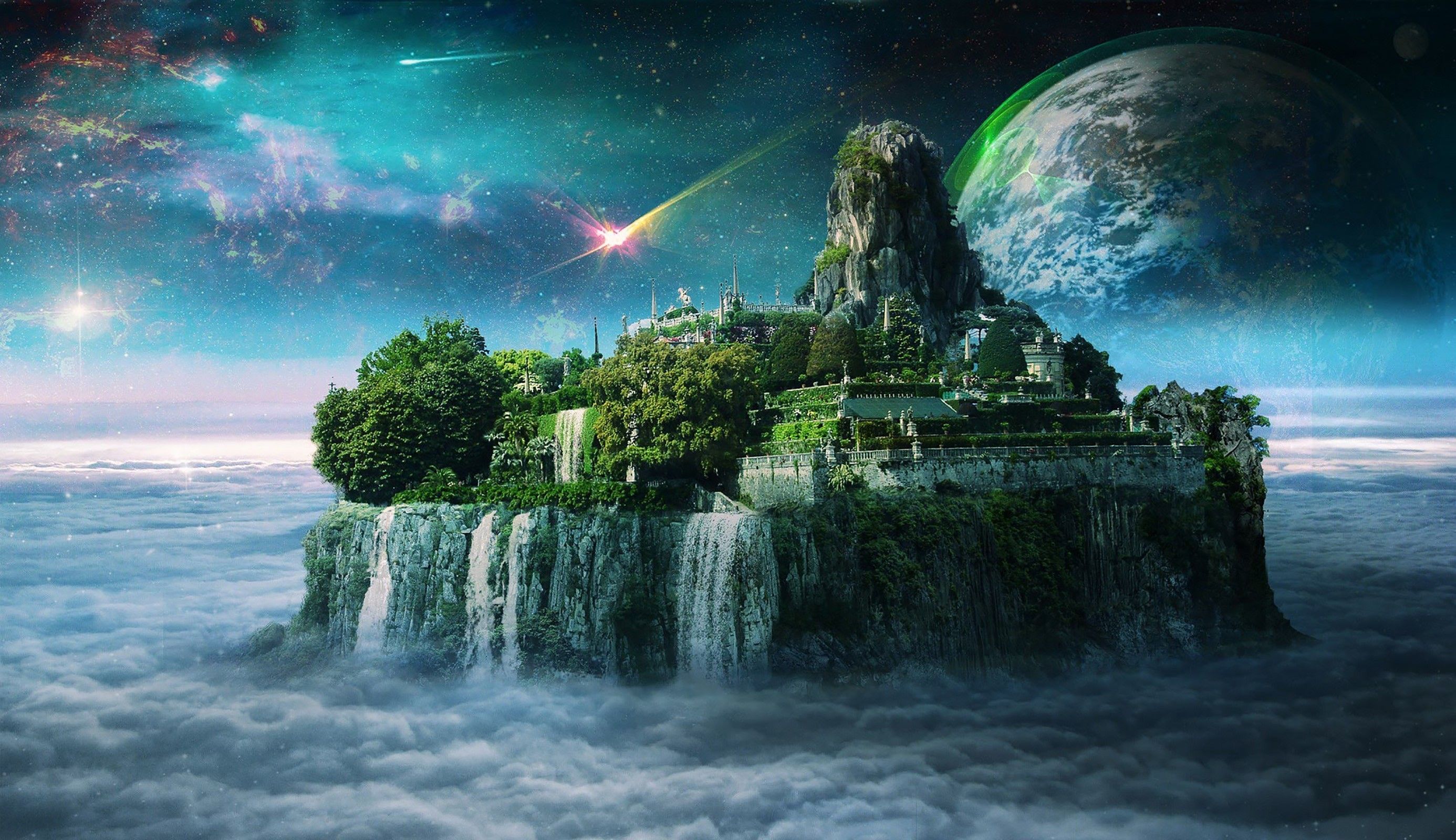 Fantasy Waterfall Castle Desktop Wallpaper HD Background