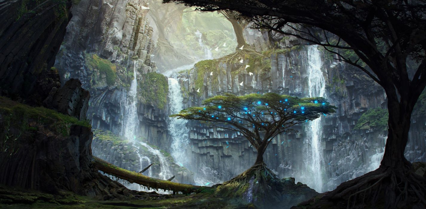 Art skaly derevia vodopady grot ogni fantasy forest sunlight tree waterfall wallpaperx1633