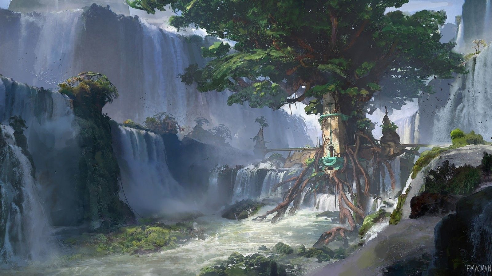 Download 1600x900 Fantasy Landscape, Waterfall, Trees Wallpaper
