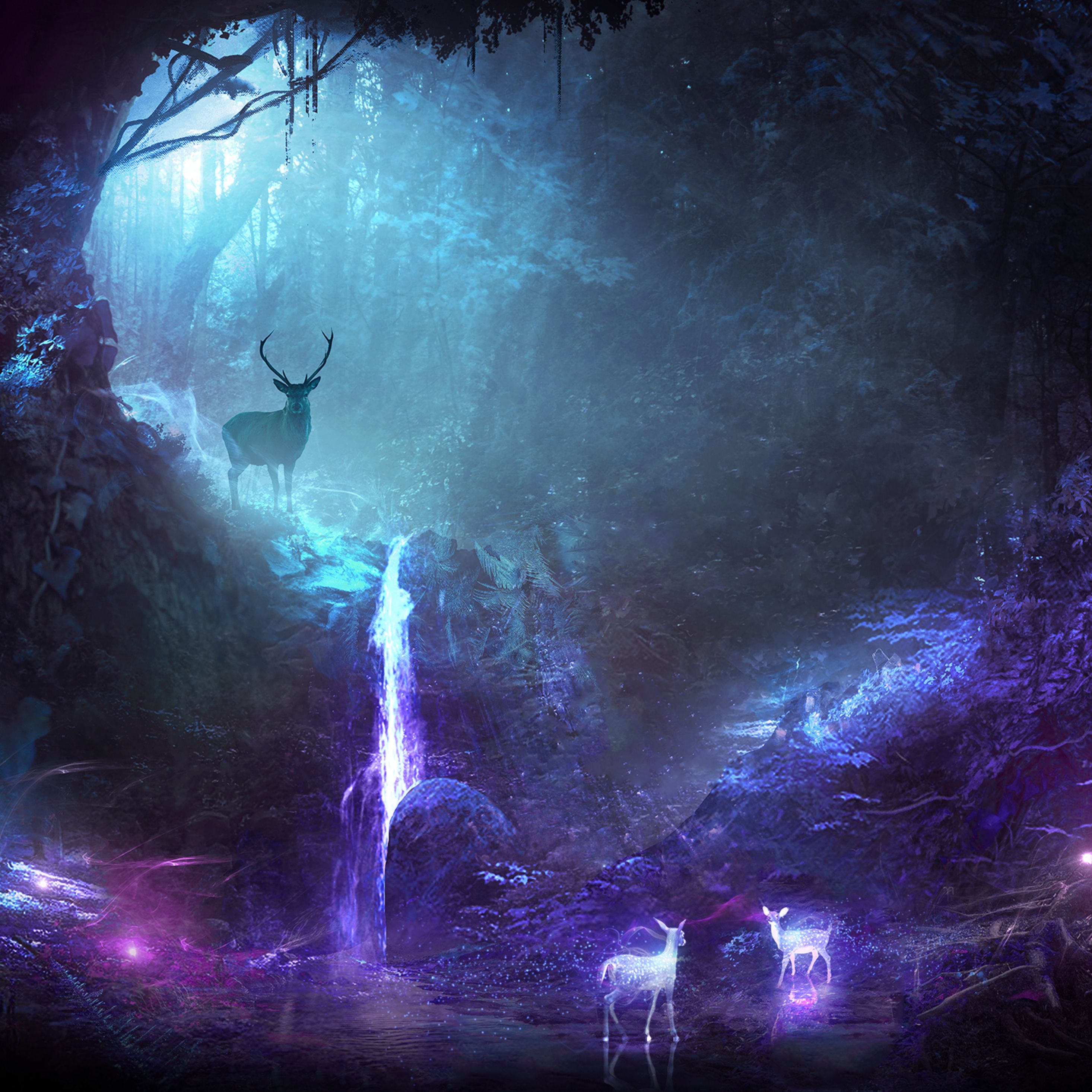 Deer Animal Night Fantasy Waterfall iPad Pro Retina Display HD 4k Wallpaper, Image, Background, Photo and Picture