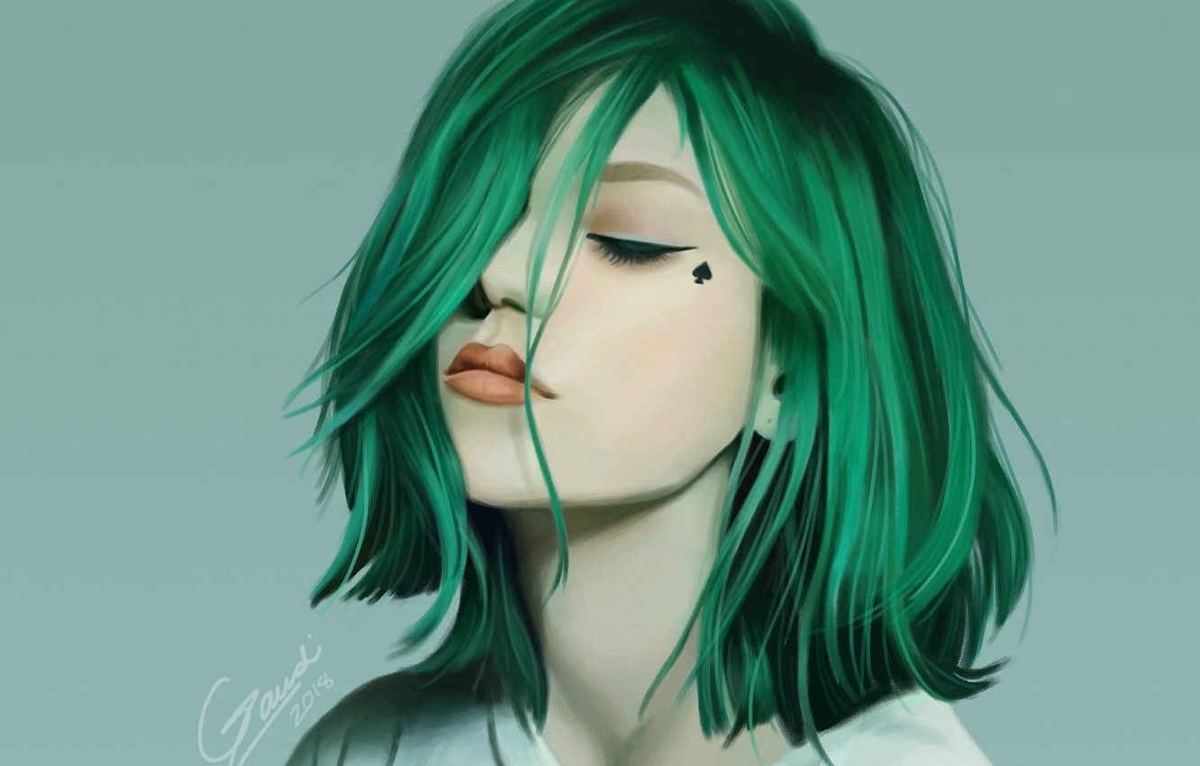 Wallpaper face, haircut, green hair, bangs, closed eyes, portrait