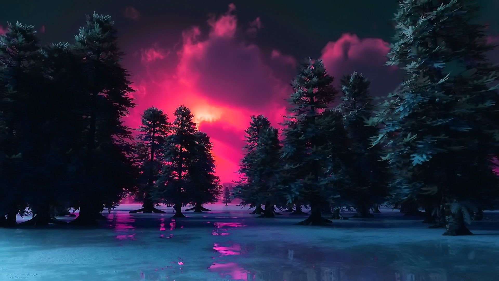 Artistic CGI Forest Artistic Tree Sunset Pink Cloud Wallpaper