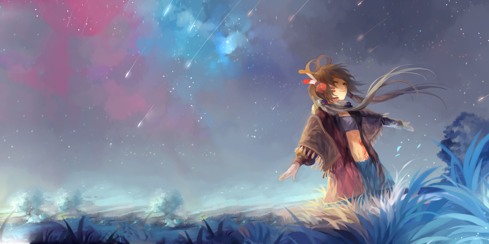 happy face, #Luo Tianyi, #closed eyes, #long hair, #manga, #dancing, #clouds, #sky, #grass, #Vocaloid, #stars,. Digital art fantasy, Anime, HD anime wallpaper