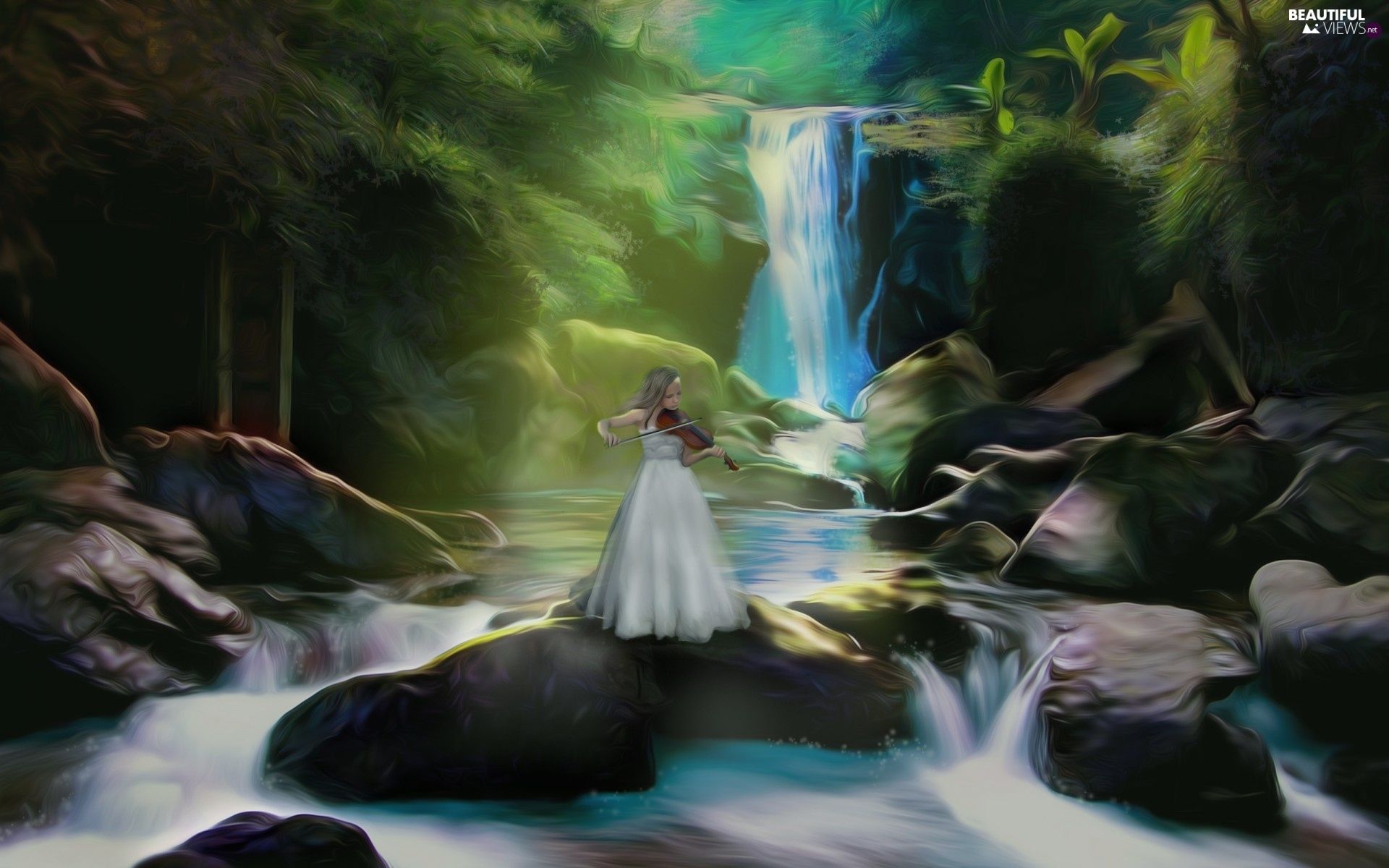 waterfall, forest, Women, Stones, fantasy views wallpaper: 3500x2000