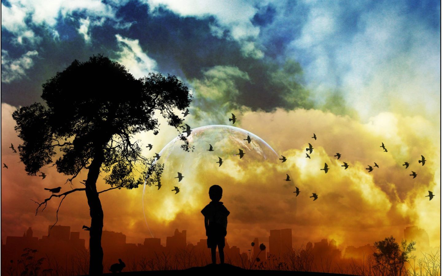 3D Little Lonely Boy With Joyful Sky And Birds Wallpaper