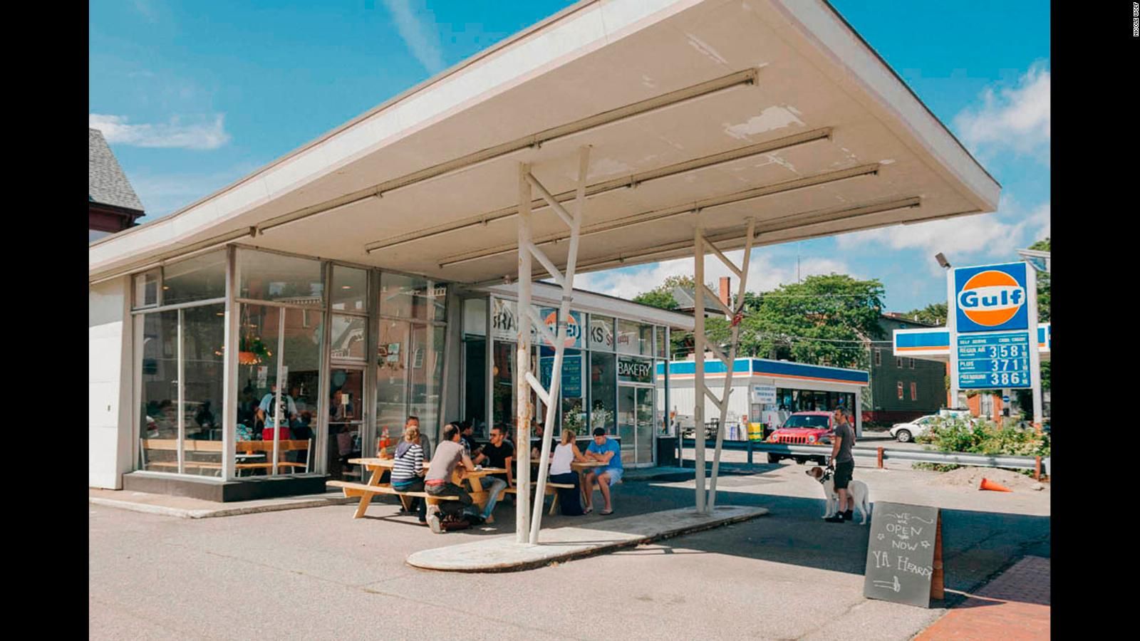 Old gas stations converted into restaurants, bars