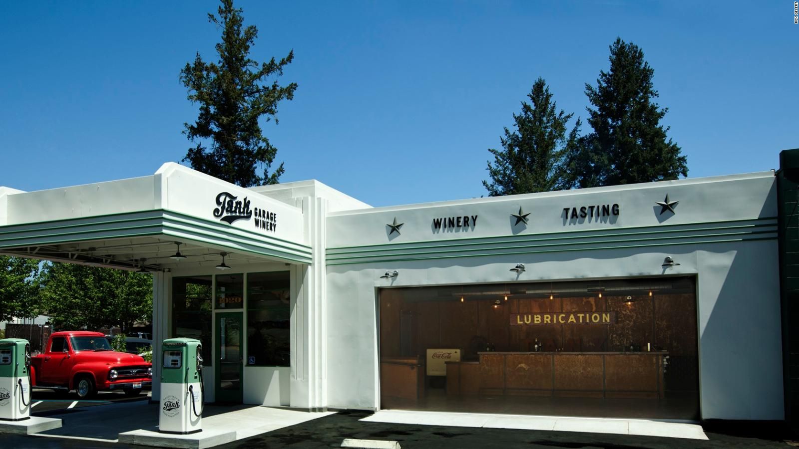 Old gas stations converted into restaurants, bars