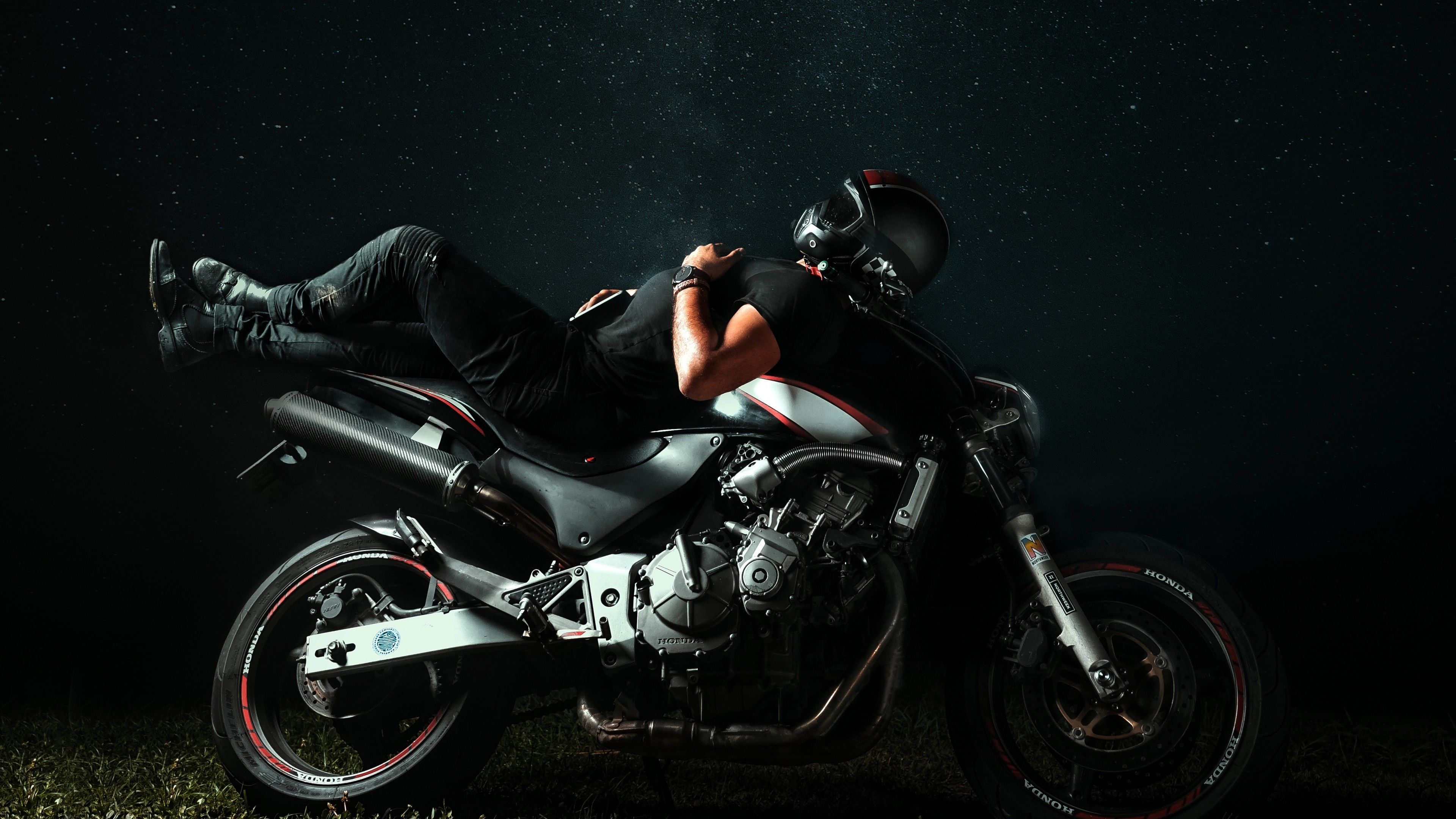 Biker 4K Wallpaper, Night, Starry sky, Honda, Relax, Photography