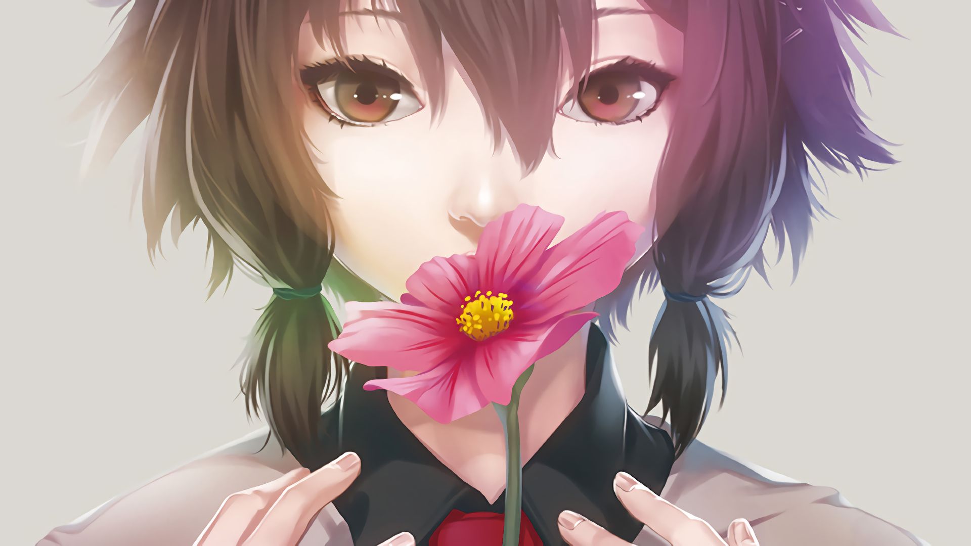 Anime girl looking at a pink flower HD Wallpaper