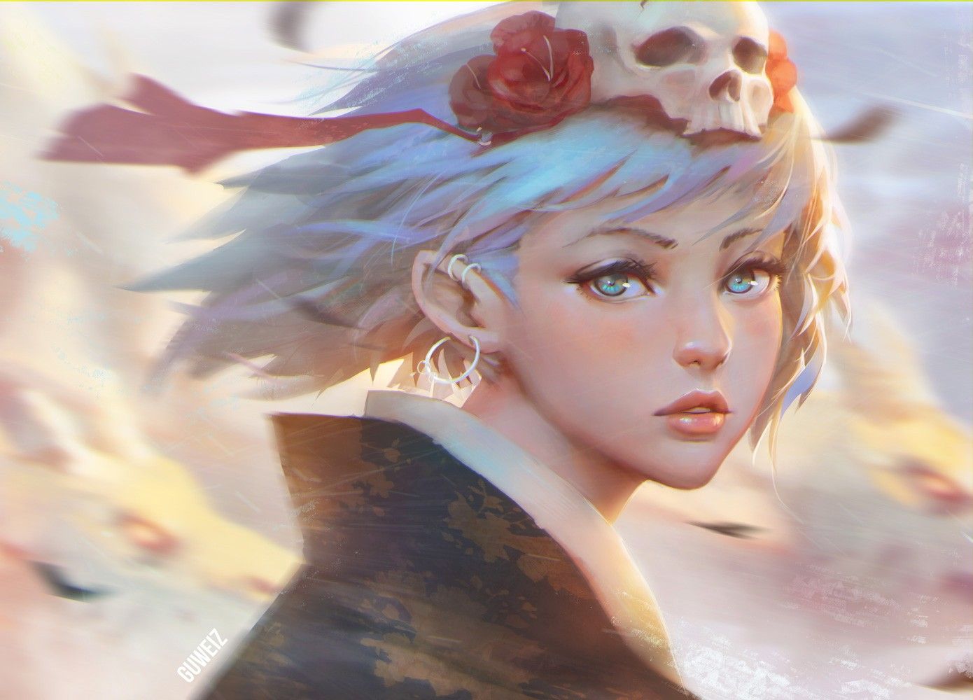 #original characters, #flowers, #aqua eyes, #white hair