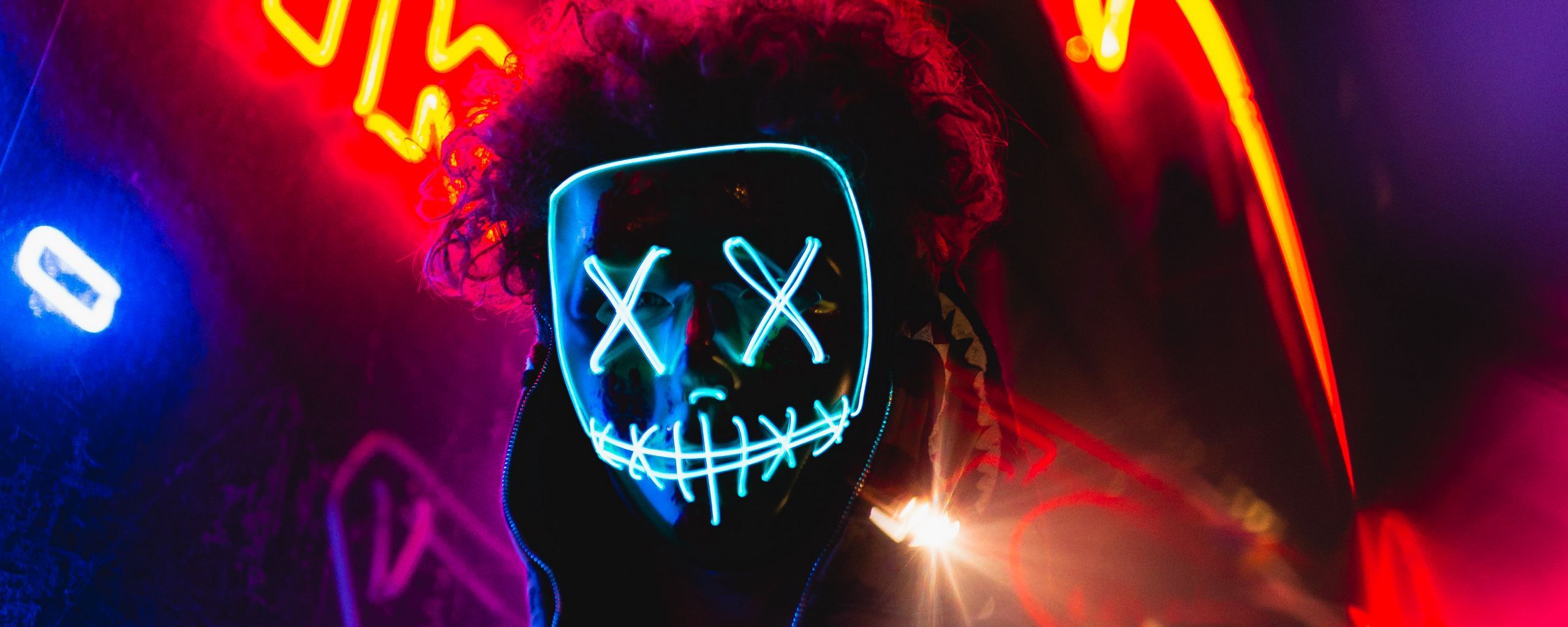 Download wallpaper 2560x1024 mask, neon, anonymous, light, man