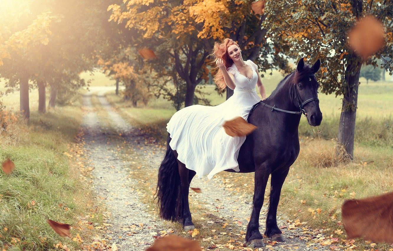 Wallpaper road, autumn, leaves, girl, trees, mood, horse, horse, dress image for desktop, section настроения