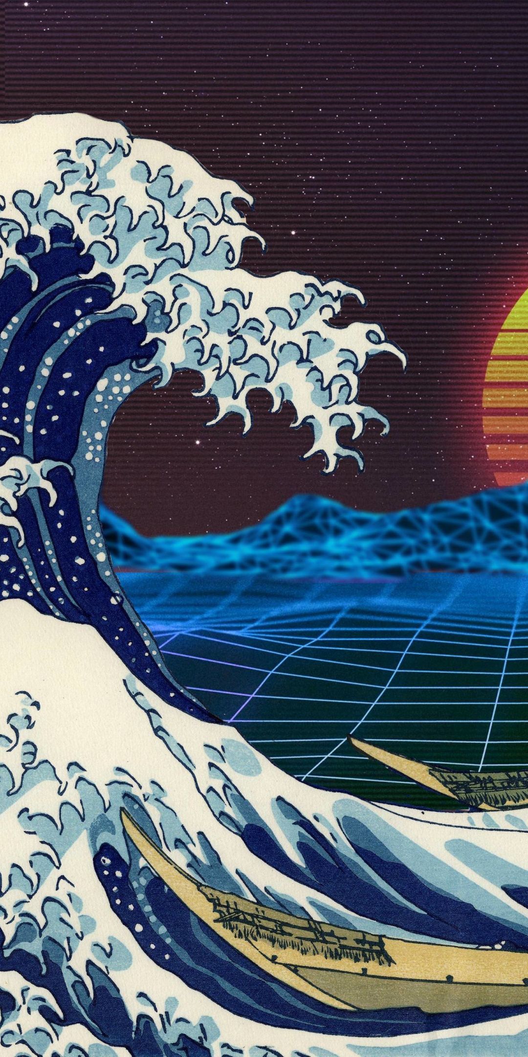 Retro, art, tide, sea waves, moon, 1080x2160 wallpaper. Sea waves