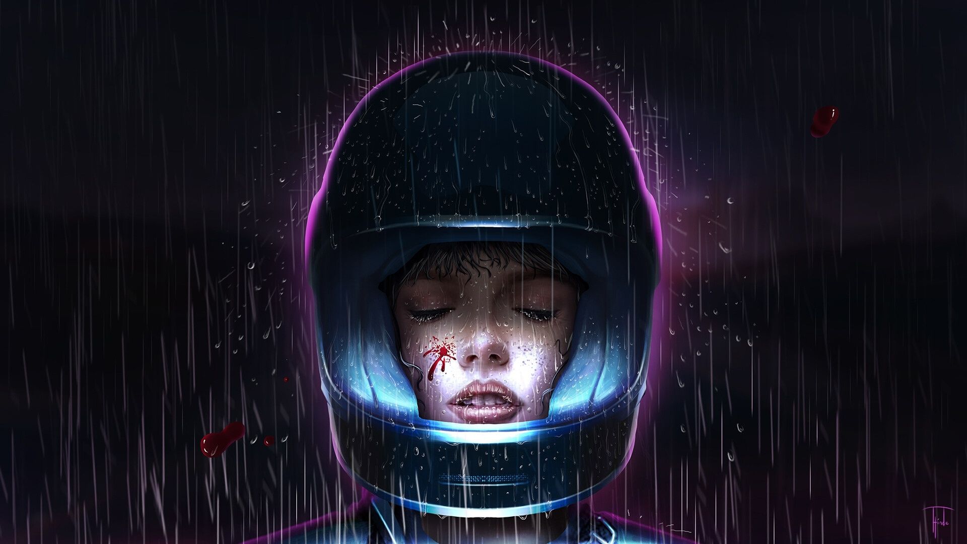 Girl With Helmet In Rain Retro Art Wallpaper, HD Artist 4K