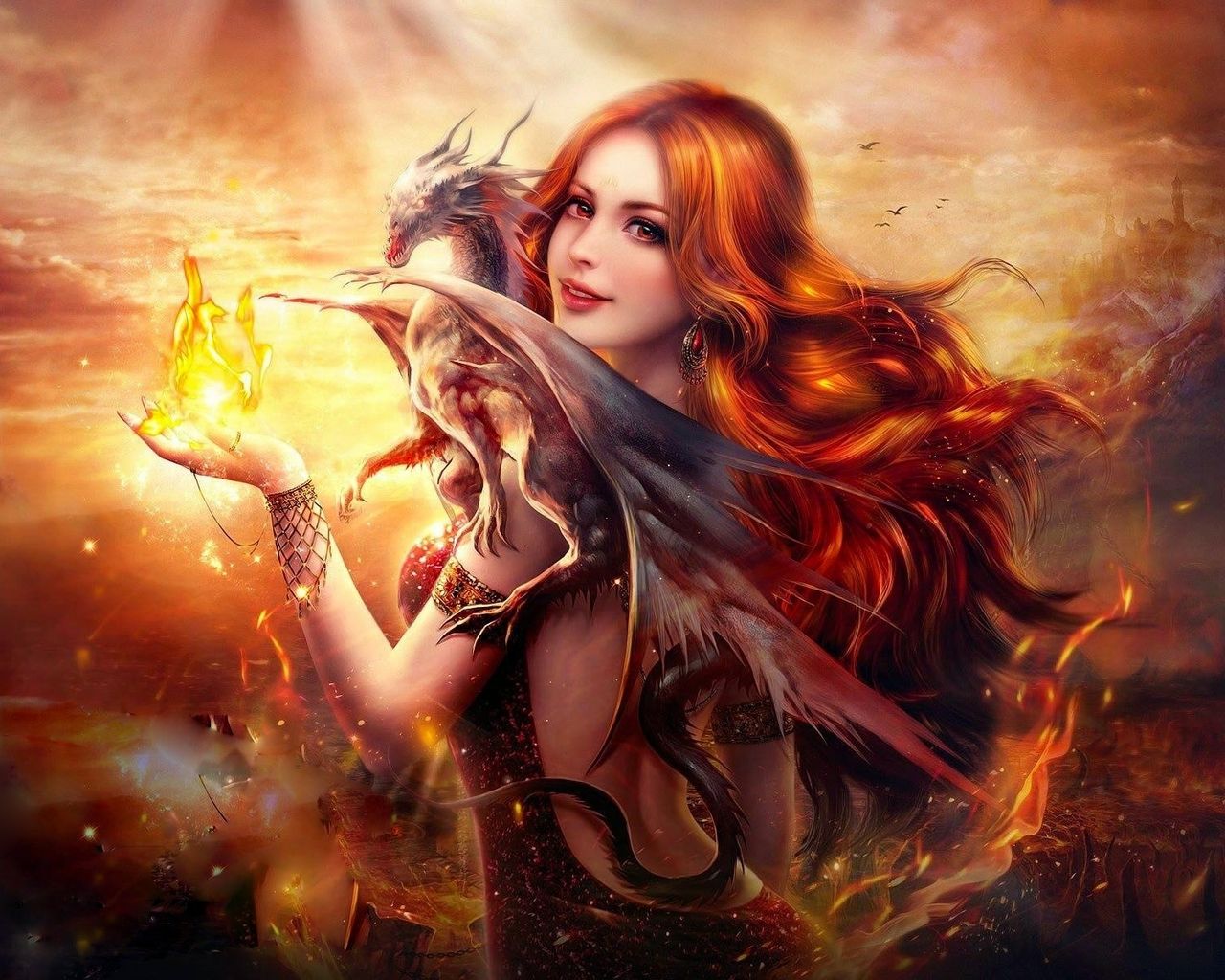 Fantasy Girl Dragon Fire 1280x1024 Resolution HD 4k Wallpaper, Image, Background, Photo and Picture