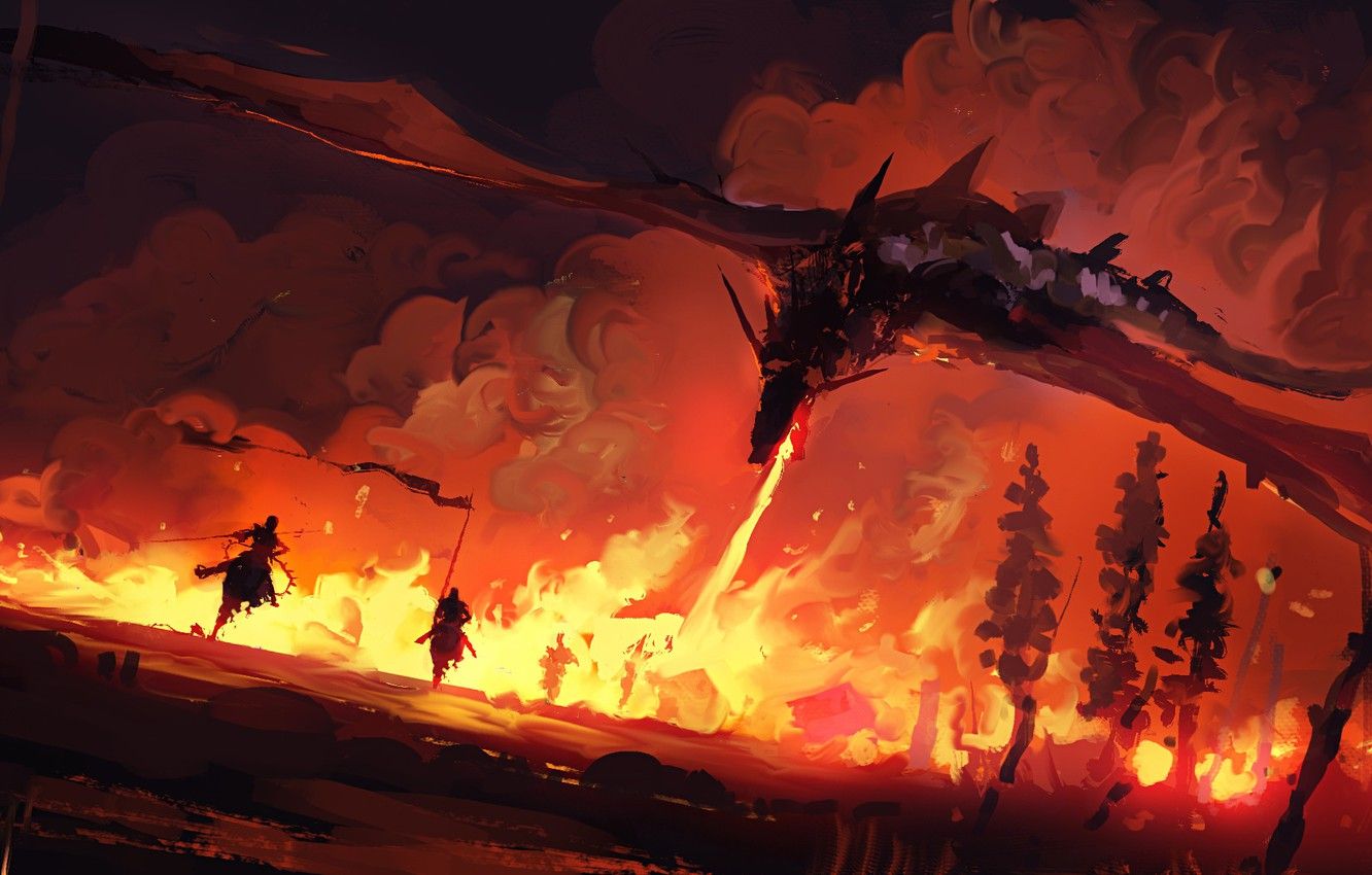 Wallpaper fire, fantasy, trees, painting, dragon, battle, Game