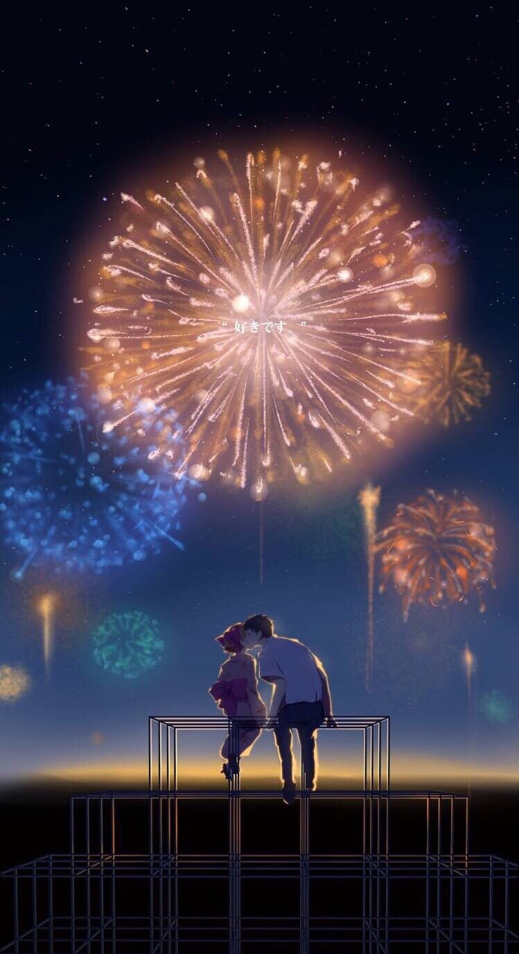 Summer kiss and fireworks