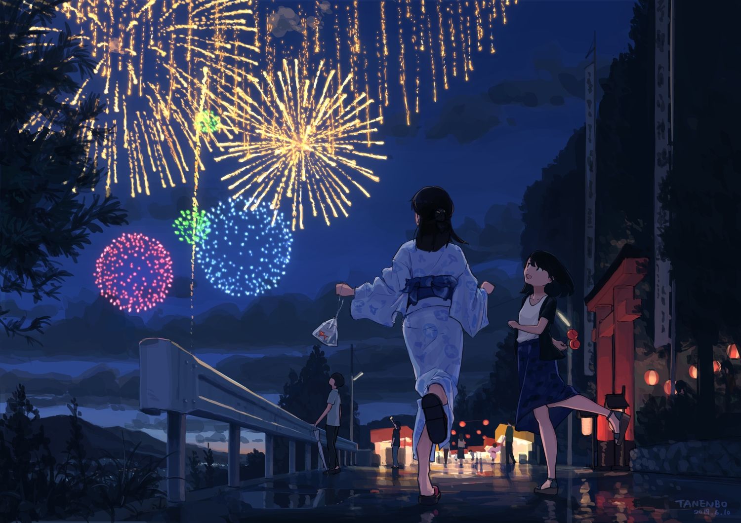 festival fireworks japanese clothes night original scenic signed