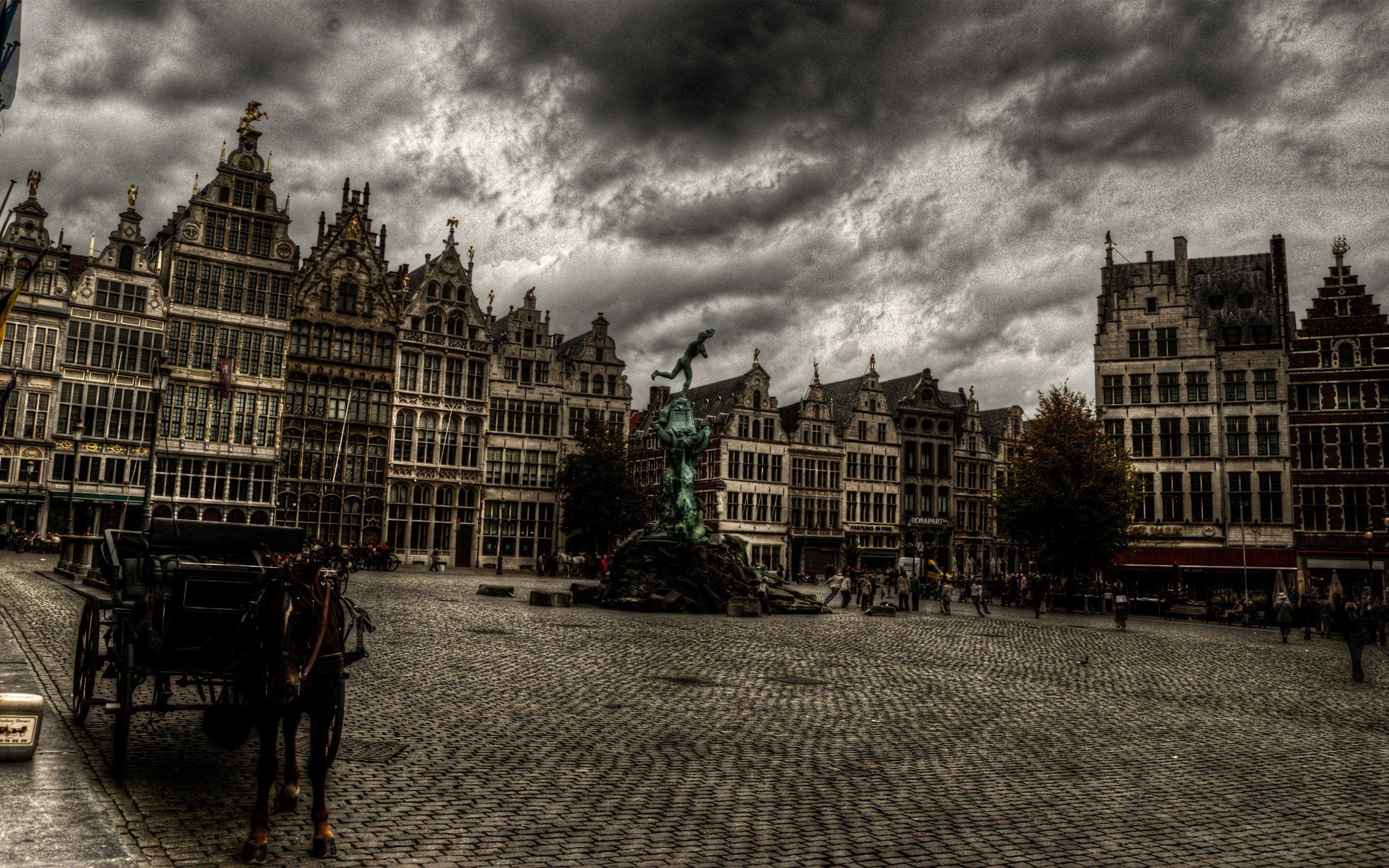 Clouds cityscapes statues HDR photography Antwerp Brabo wallpaper