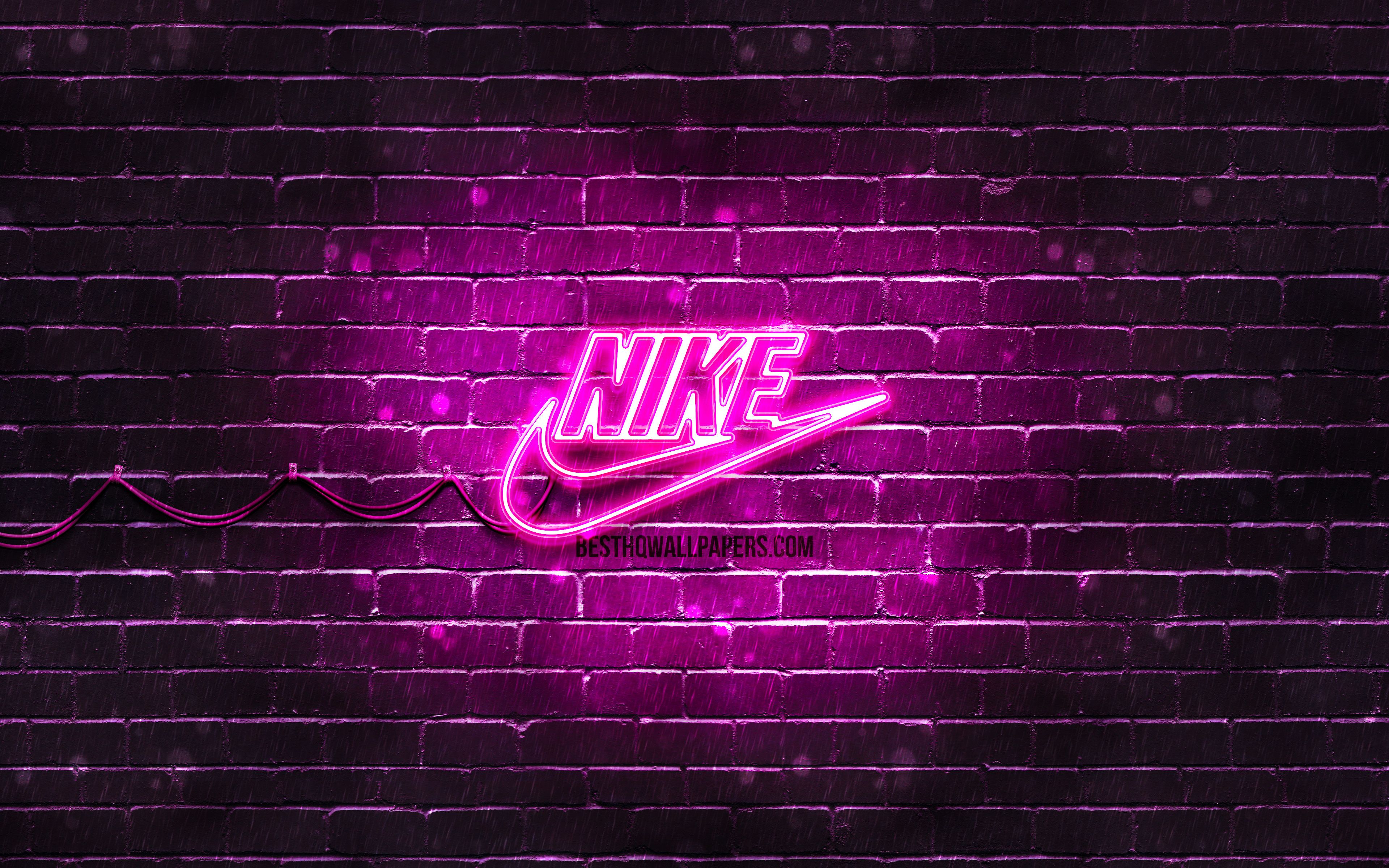 Download wallpaper Nike purple logo, 4k, purple brickwall, Nike