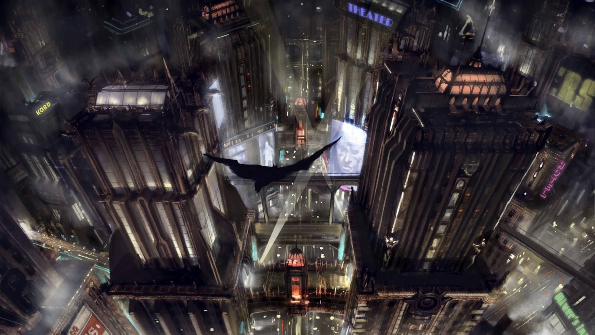 Batman gliding over Gotham City. Anime, Desenhos, Cosplays