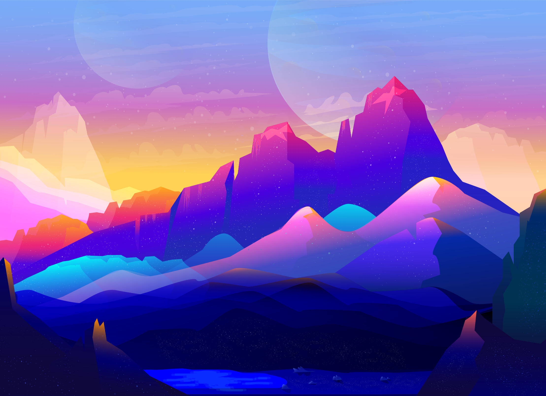 Wallpaper lake, woonden fence, mountains, landscape, sunset, neon art desktop  wallpaper, hd image, picture, background, f80e73