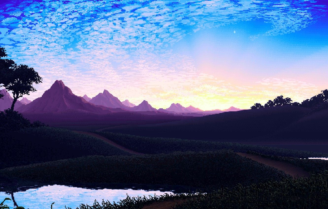 Wallpaper Nature, Mountains, Retro, View, Art, Graphics, Pixels