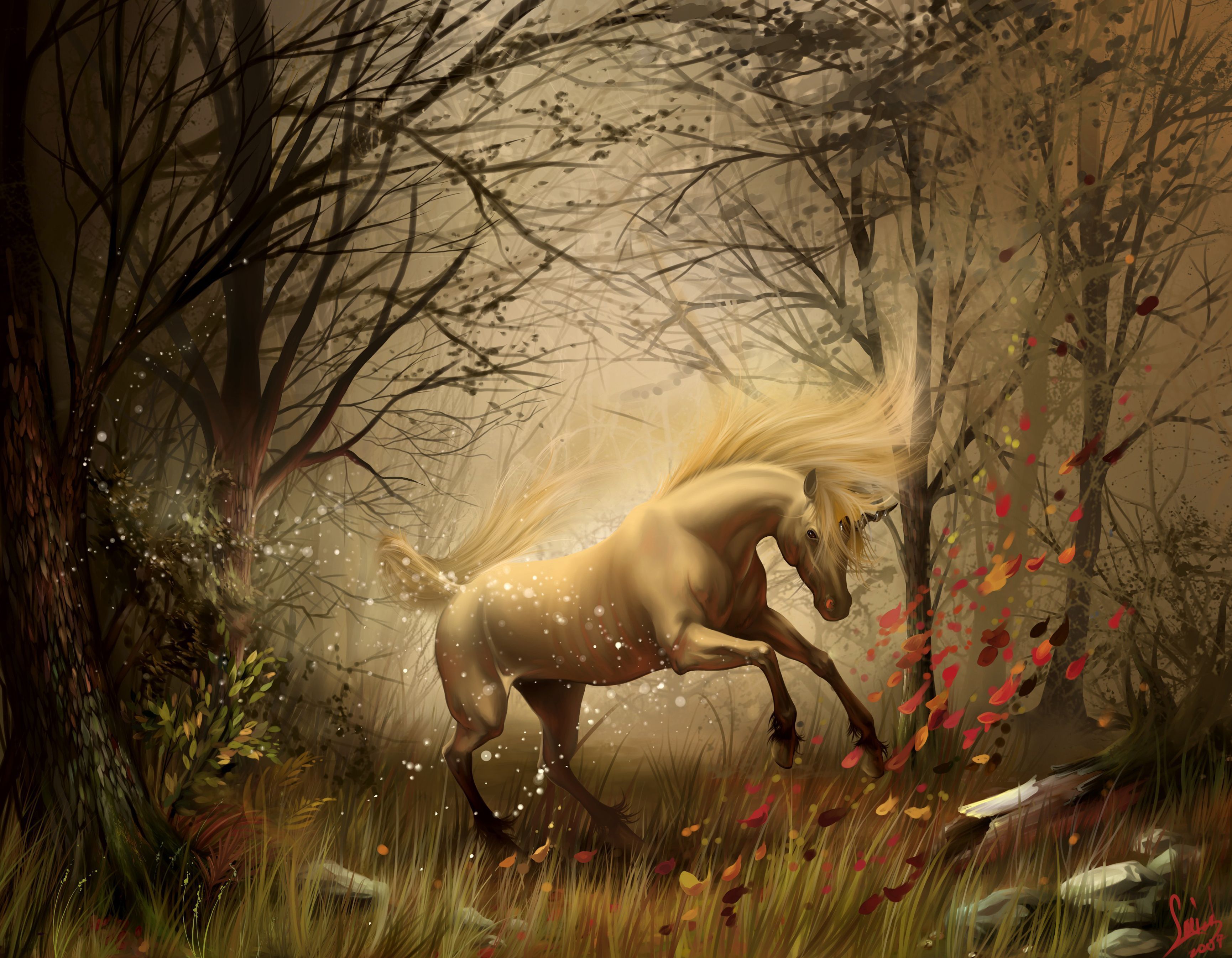 unicorn, forest, autumn wallpaper desktop background