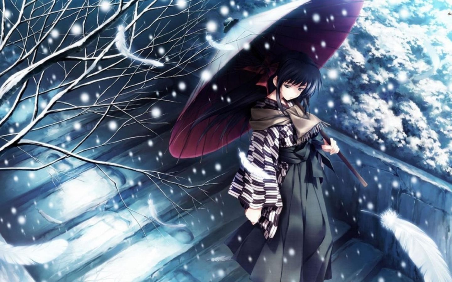 Free download snow Tree Kimono Girl Alone Sad Anime Blue