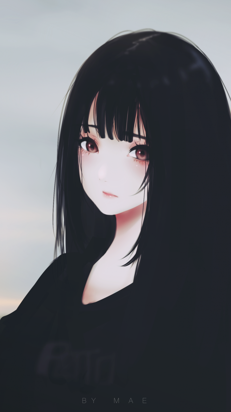 Download 750x1334 Anime Girl, Black Hair, Sad Expression, Semi
