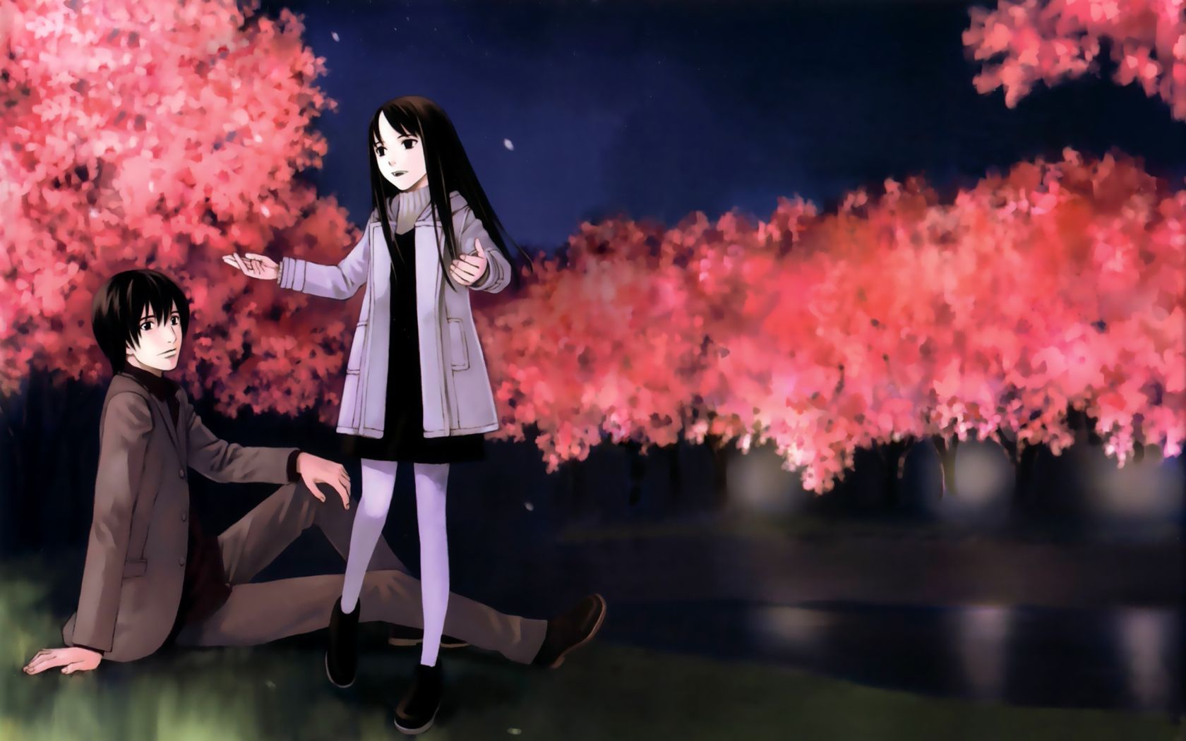 black eyes black hair blood alone cherry blossoms flowers night