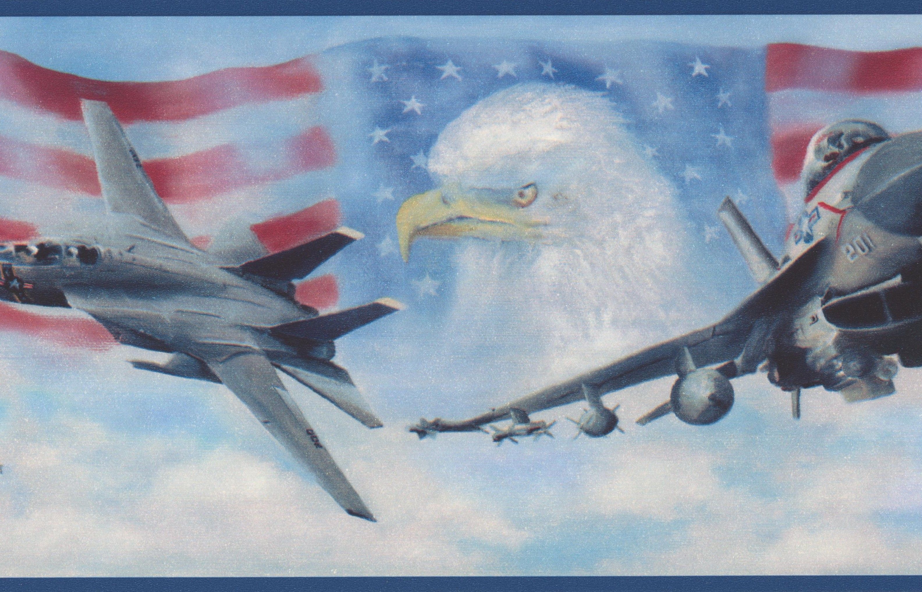USA Air Force Jet Fighters American Flag Bald Eagle Patriotic Wallpaper Border Retro Design, Roll 15' x 7''