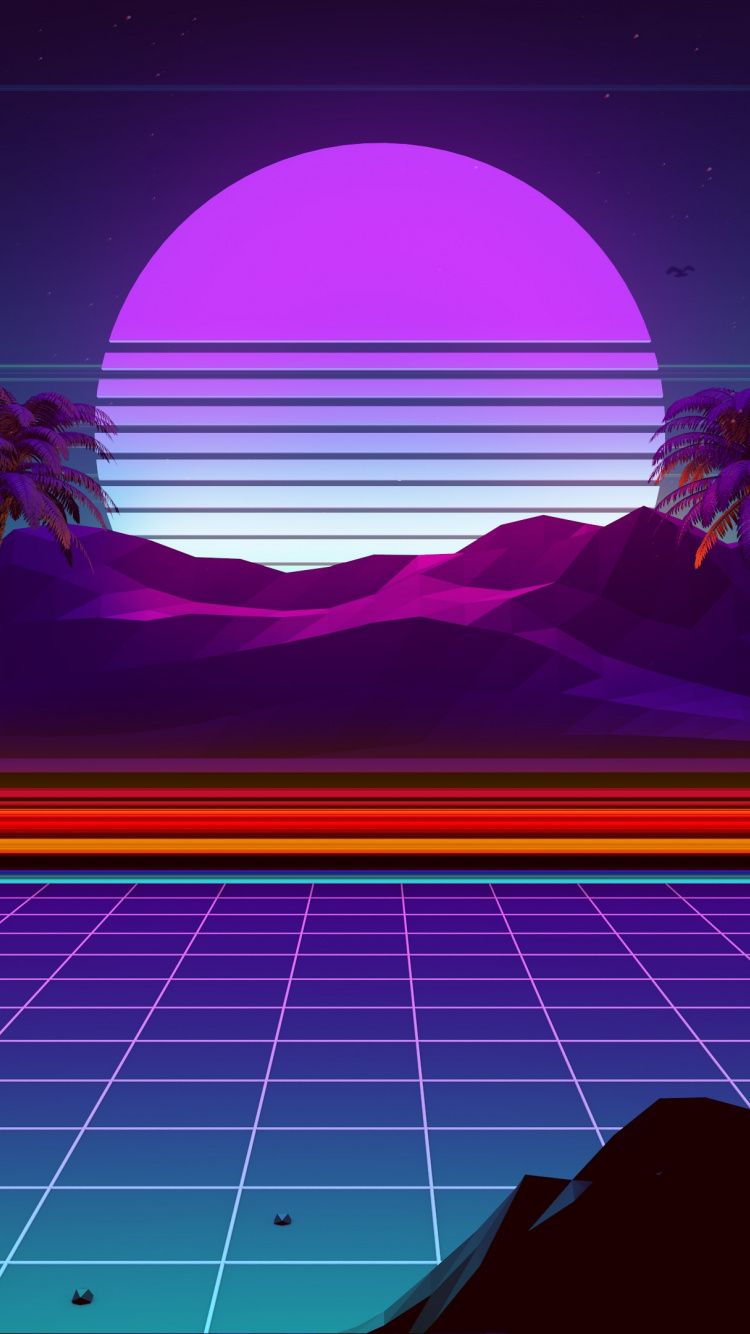 Download Night, mountain, moonlight, Synthwave and Retrowave art