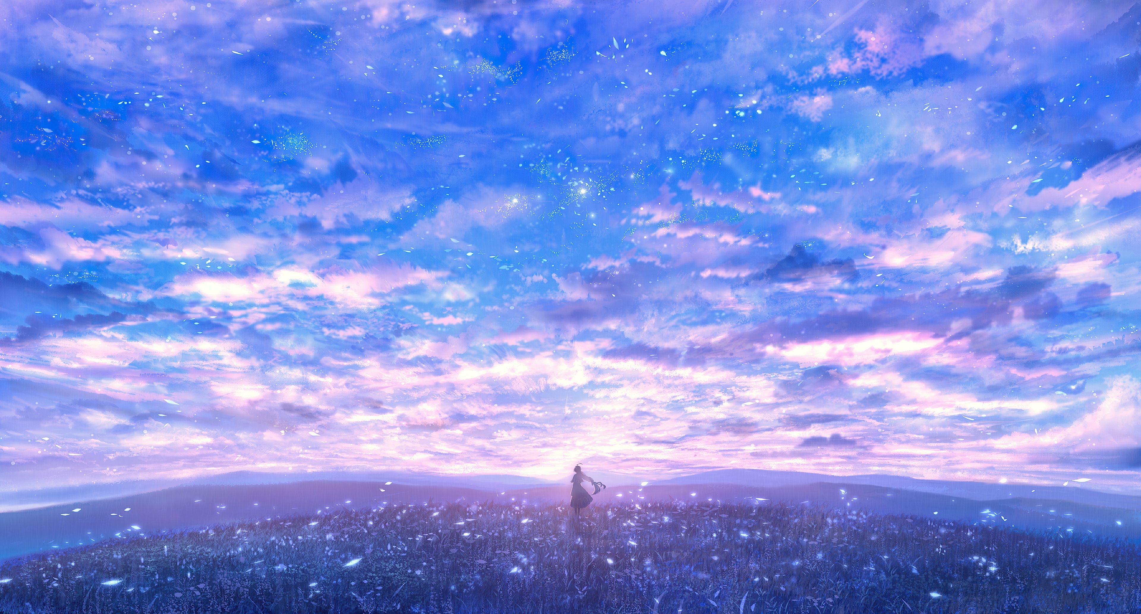 Anime Girl Alone Clouds Sky Scenery Art 4K Wallpaper iPhone HD