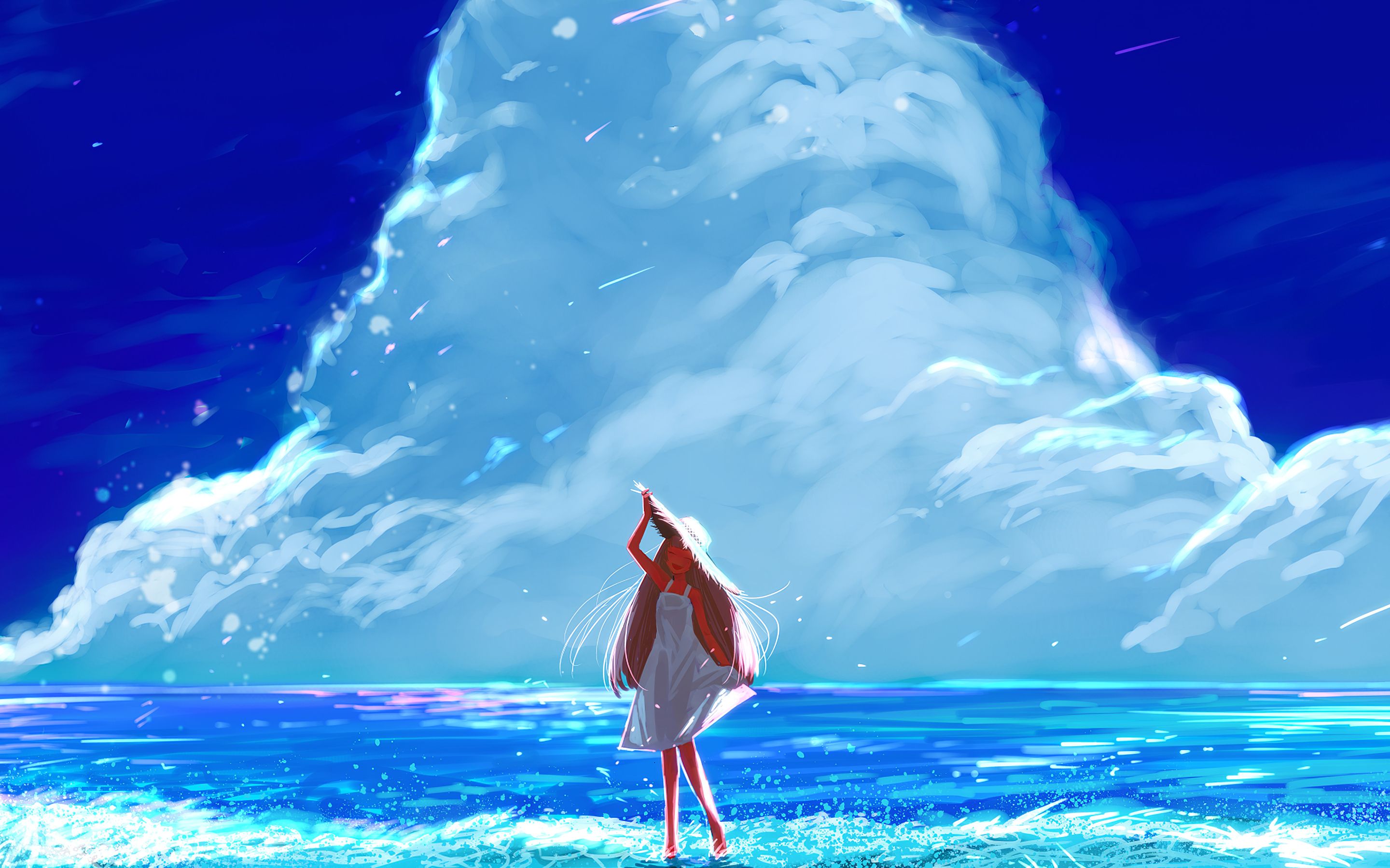 Anime Girl Beach Happy Long Hair Clouds 4k Macbook Pro