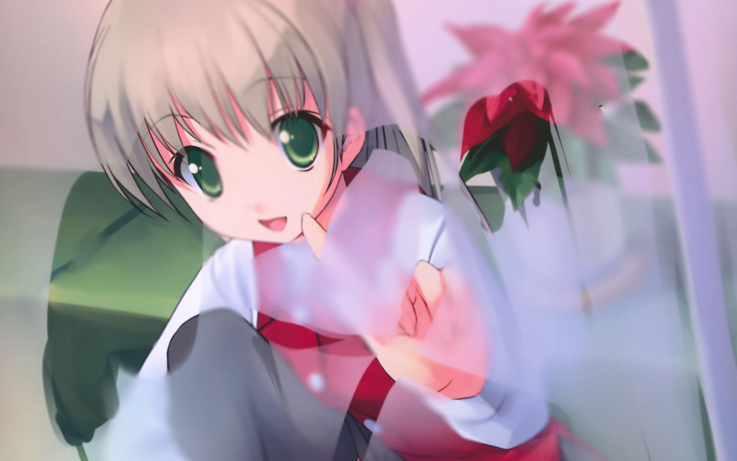 Desktop Wallpaper Green Eyes, Happy Anime Girl, Cute Anime