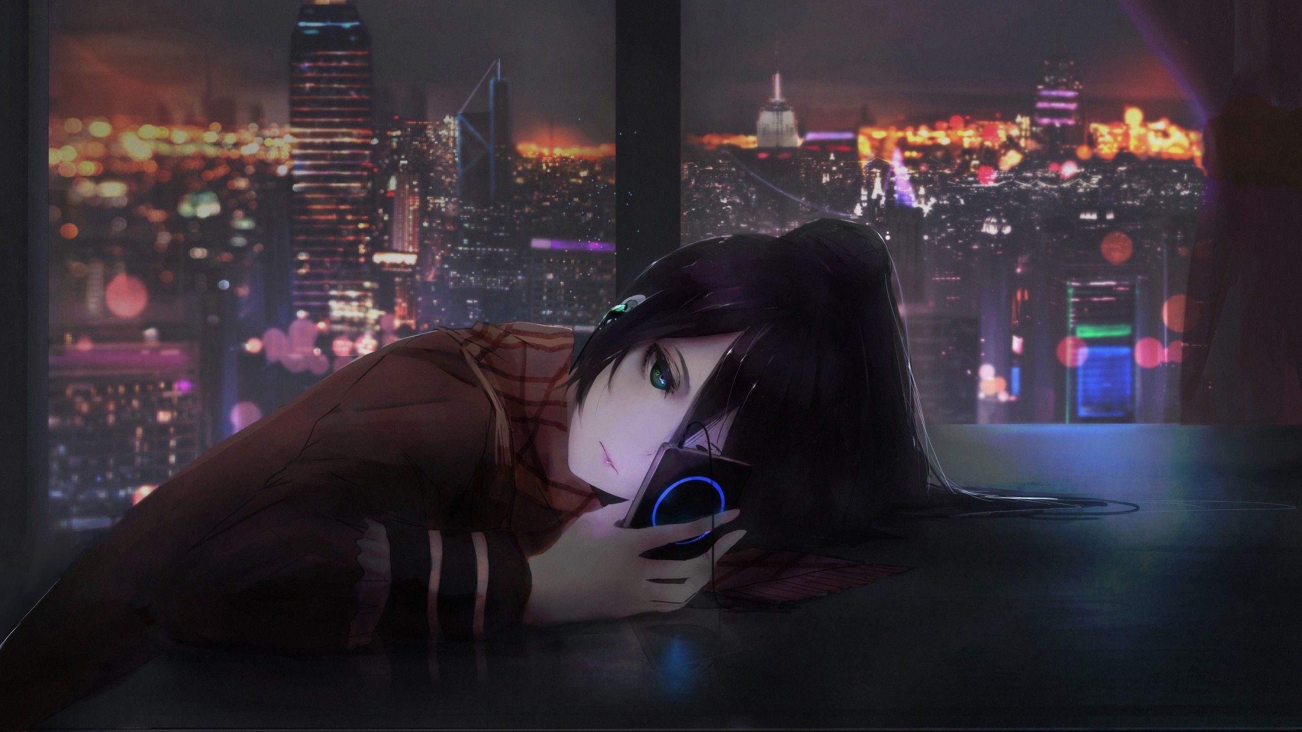 Wallpaper anime, girl, night, 4K, Art