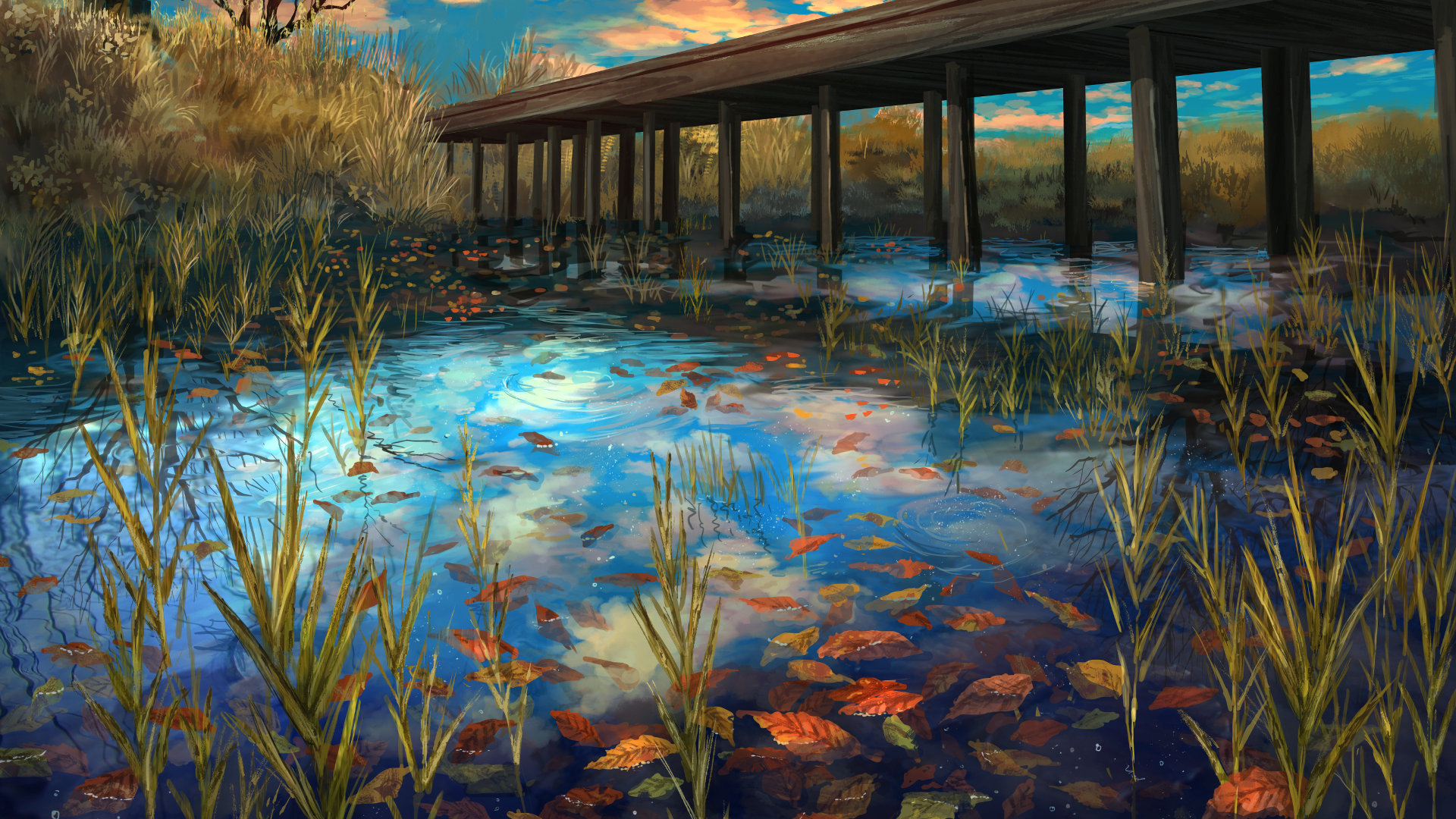 Download 1920x1080 Anime Landscape, River, Bridge, Autumn, Scenic Wallpaper for Widescreen