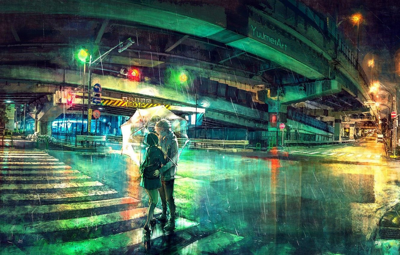 Wallpaper night, bridge, the city, lights, rain, umbrella