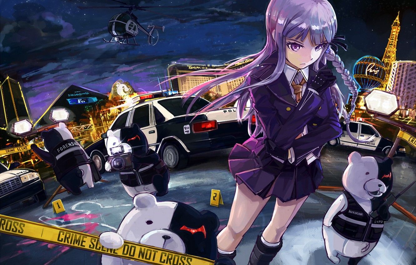 Wallpaper girl, blood, police, anime, murder, art, girl, night city, detective, anime, Vegas, crime, I monok, mail kyouko, school of despair, evidence image for desktop, section сёдзё