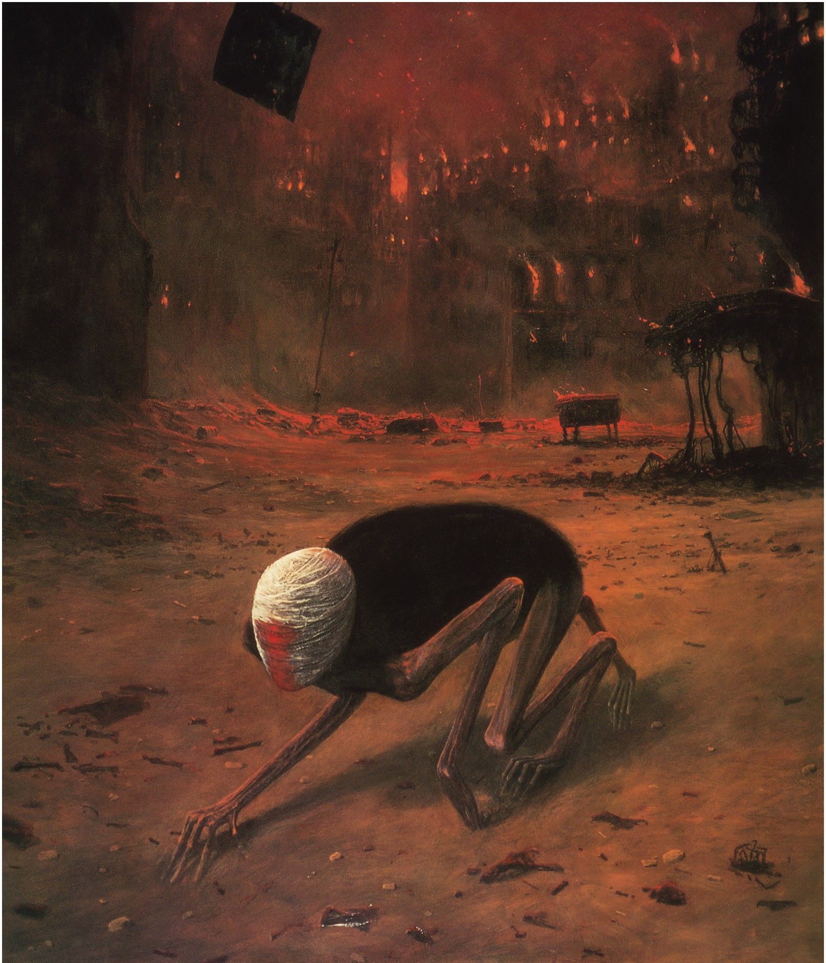 Zdzisław Beksiński, picture, surreal, dark, cityscape, burning