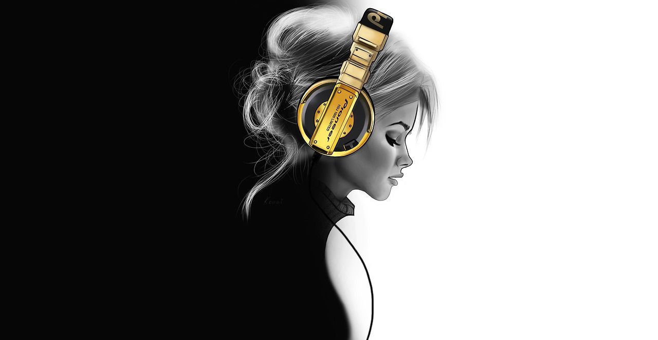 golden headphone girl pioneer gold girl woman wallpaper black white. Girl with headphones, Headphone sketch, Headphone