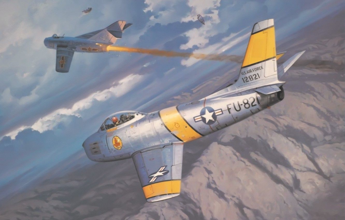 Wallpaper War, Art, Painting, Aviation, F 86 Sabre, Korea War, Mig
